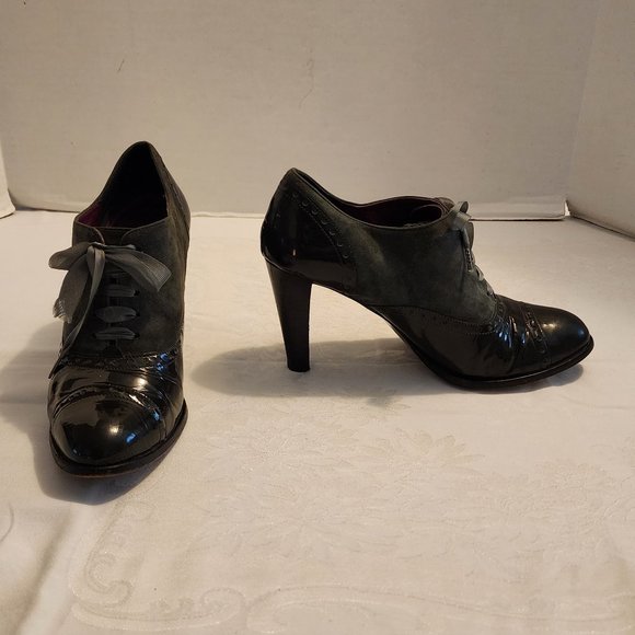 Size 10B Coach 3.5" High Heels Suede & Patent Leather Ribbon Laced Oxfords Italy - Picture 1 of 9